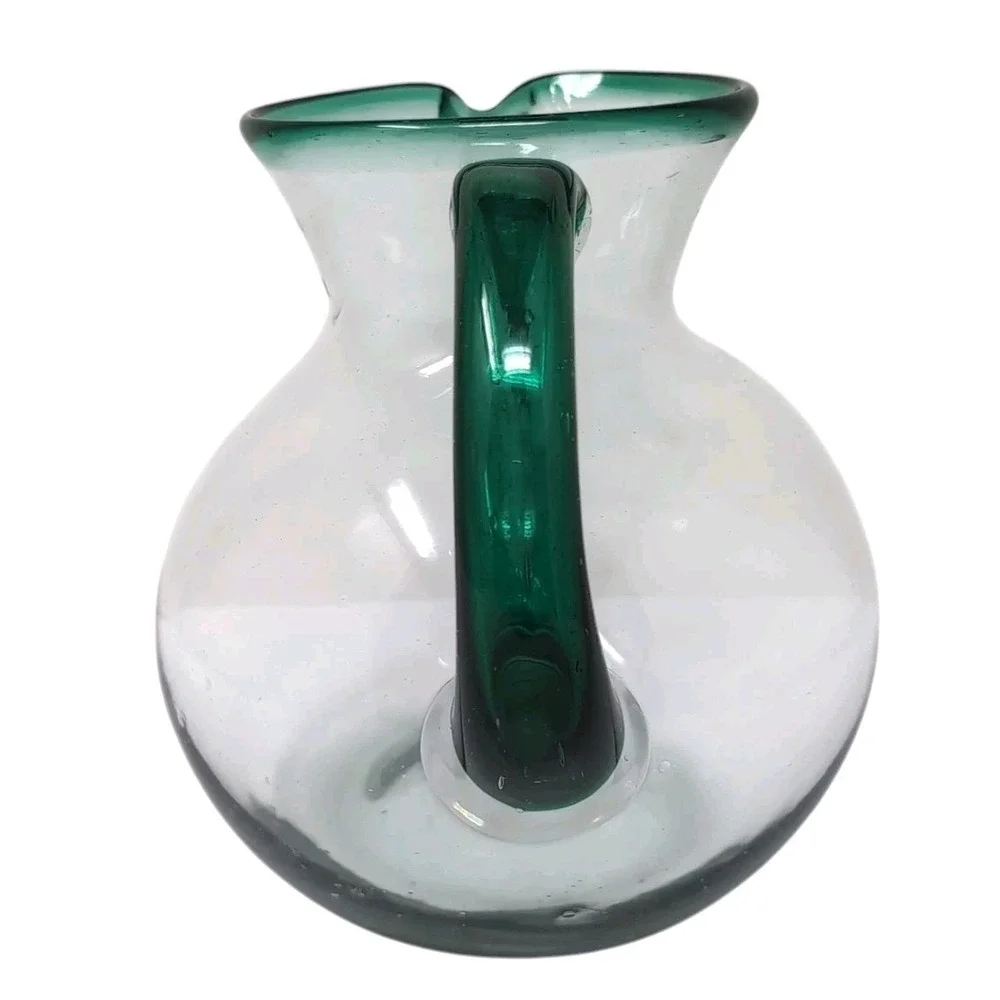 Mexican Hand Blown Glass Margarita Pitcher Vase Clear/Emerald Green Rim & Handle